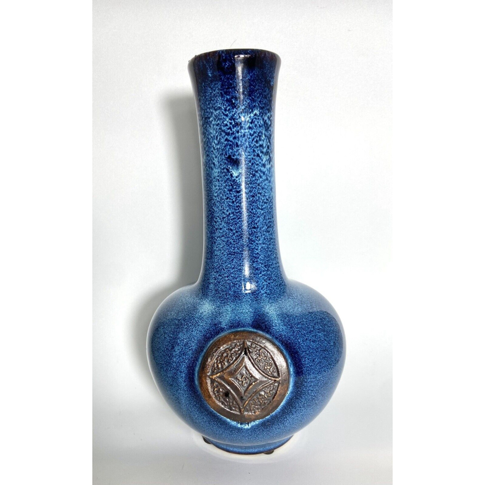 Vintage Long Neck Drip Glaze Speckled Blue Art Pottery Vase w Applied Bronze